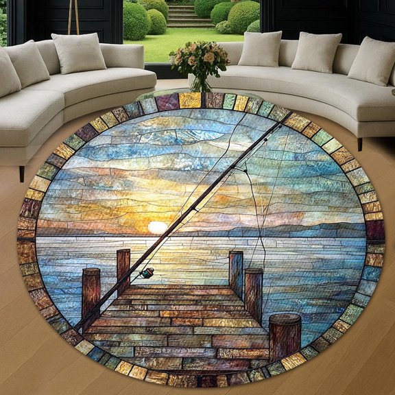 Circle Area Rug, Fishing Pole Dock 1 Washable Non-Slip Floor Carpet, Soft Rug for Living Room Bedroom Decor 24 Inch