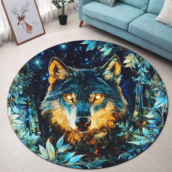 Circle Area Rug, Forest Spirit Wolf 2 Washable Non-Slip Floor Carpet, Soft Rug for Living Room Bedroom Decor 24 Inch