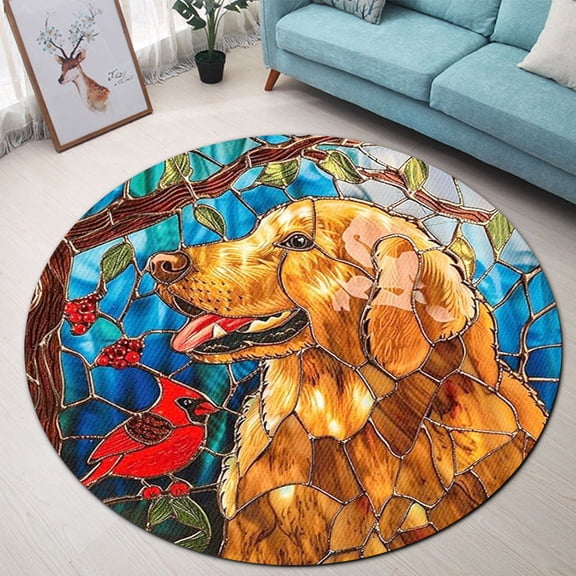 Circle Area Rug, Golden Animal Lover Gift Washable Non-Slip Floor Carpet, Soft Rug for Living Room Bedroom Decor 24 Inch