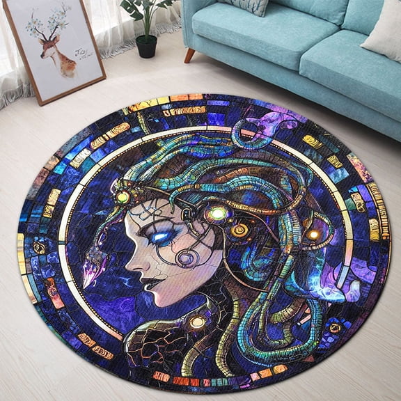 Circle Area Rug, Gothic Cyber Medusa Washable Non-Slip Floor Carpet, Soft Rug for Living Room Bedroom Decor 24 Inch