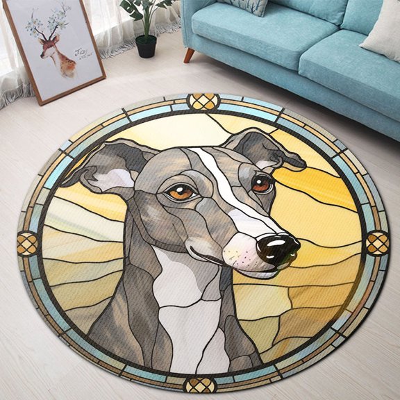 Circle Area Rug, Grey Whippet Washable Non-Slip Floor Carpet, Soft Rug for Living Room Bedroom Decor 24 Inch