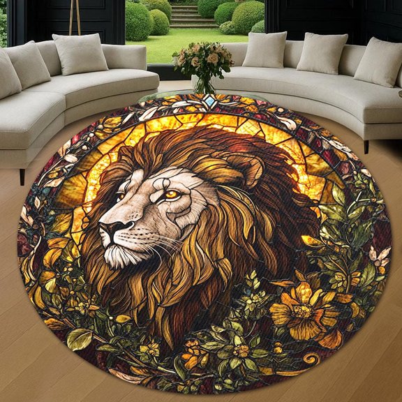 Circle Area Rug, Holy Guardian Lion 2 Washable Non-Slip Floor Carpet, Soft Rug for Living Room Bedroom Decor 24 Inch