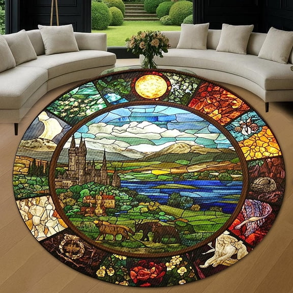 Circle Area Rug, Landscape Washable Non-Slip Floor Carpet, Soft Rug for Living Room Bedroom Decor 24 Inch