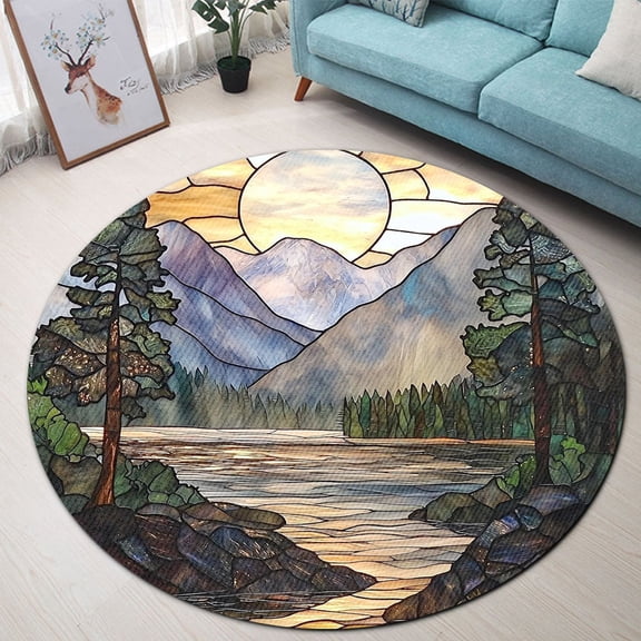 Circle Area Rug, Mountain Lake Washable Non-Slip Floor Carpet, Soft Rug for Living Room Bedroom Decor 24 Inch