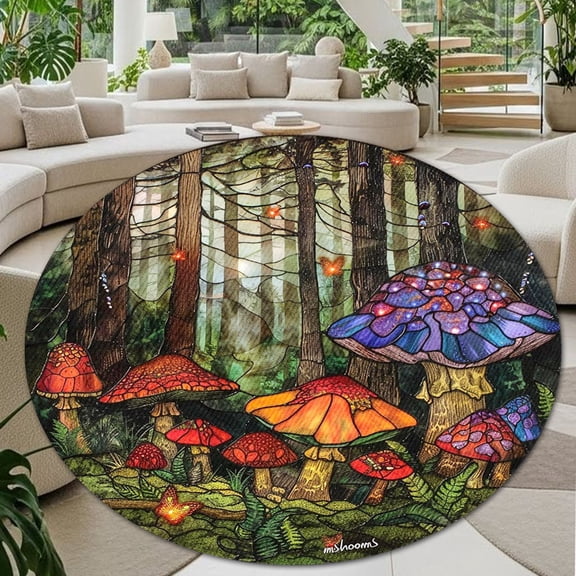 Circle Area Rug, Mushrooms2 Washable Non-Slip Floor Carpet, Soft Rug for Living Room Bedroom Decor 24 Inch