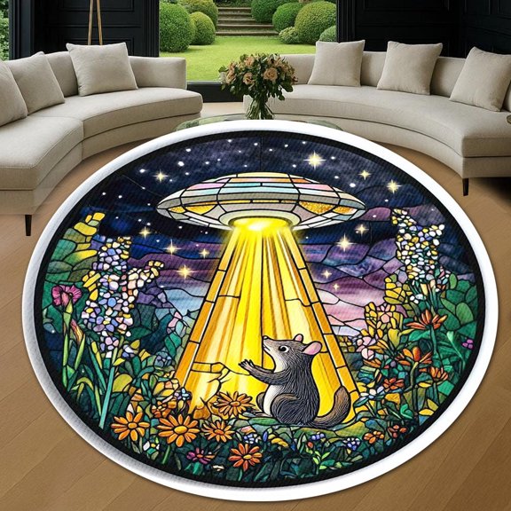 Circle Area Rug, Opossum UFO Floral Pattern Washable Non-Slip Floor Carpet, Soft Rug for Living Room Bedroom Decor 24 Inch