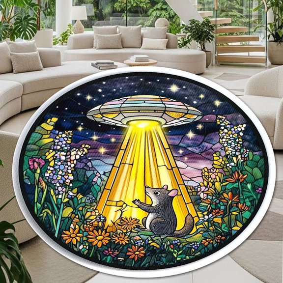Circle Area Rug, Opossum UFO Washable Non-Slip Floor Carpet, Soft Rug for Living Room Bedroom Decor 24 Inch