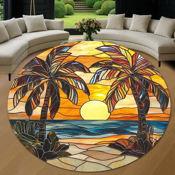 Circle Area Rug, Palm Trees Floral Pattern Washable Non-Slip Floor Carpet, Soft Rug for Living Room Bedroom Decor 59 Inch