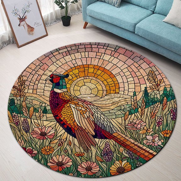 Circle Area Rug, Pheasant Washable Non-Slip Floor Carpet, Soft Rug for Living Room Bedroom Decor 24 Inch