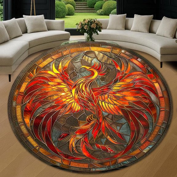 Circle Area Rug, Phoenix Dragon Animal Lover Gift Washable Non-Slip Floor Carpet, Soft Rug for Living Room Bedroom Decor 24 Inch