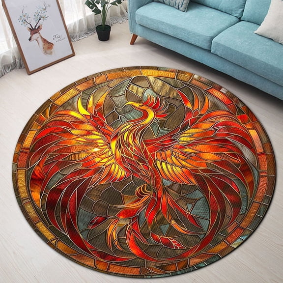 Circle Area Rug, Phoenix Dragon Cute Design Washable Non-Slip Floor Carpet, Soft Rug for Living Room Bedroom Decor 24 Inch