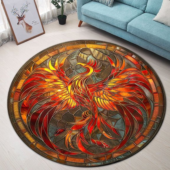 Circle Area Rug, Phoenix Dragon Washable Non-Slip Floor Carpet, Soft Rug for Living Room Bedroom Decor 24 Inch