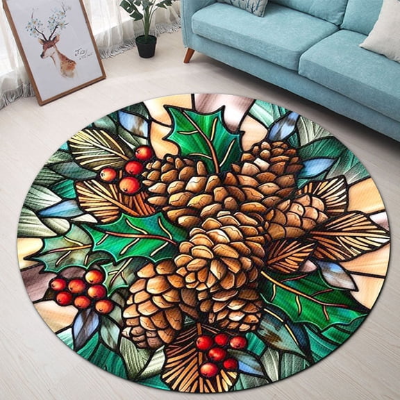 Circle Area Rug, Pine Cones and Holly Washable Non-Slip Floor Carpet, Soft Rug for Living Room Bedroom Decor 24 Inch