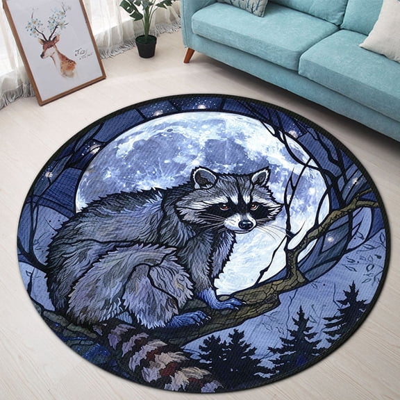 Circle Area Rug, Raccoon Washable Non-Slip Floor Carpet, Soft Rug for Living Room Bedroom Decor 24 Inch