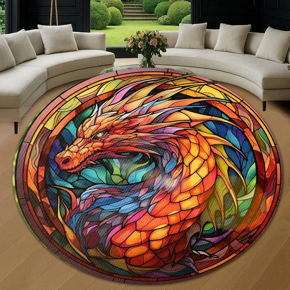 Circle Area Rug, Rainbow Dragon Washable Non-Slip Floor Carpet, Soft Rug for Living Room Bedroom Decor 24 Inch