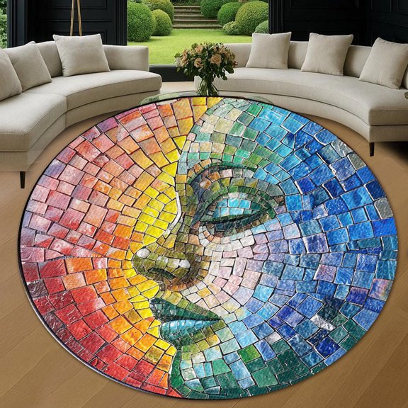 Circle Area Rug, Rainbow Mosaic Face Washable Non-Slip Floor Carpet, Soft Rug for Living Room Bedroom Decor 24 Inch