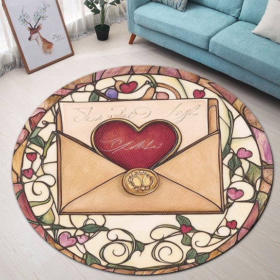 Circle Area Rug, Renaissance Letter 4 Washable Non-Slip Floor Carpet, Soft Rug for Living Room Bedroom Decor 24 Inch
