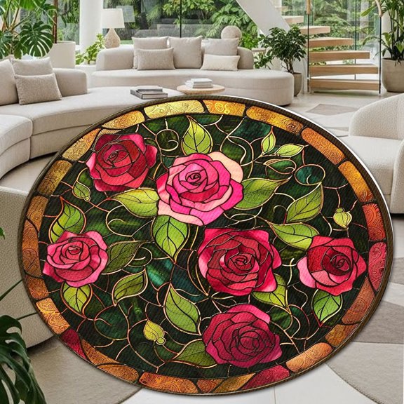 Circle Area Rug, Roses Washable Non-Slip Floor Carpet, Soft Rug for Living Room Bedroom Decor 24 Inch