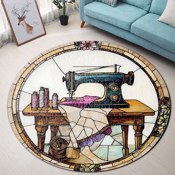 Circle Area Rug, Sewing Machine Wild Washable Non-Slip Floor Carpet, Soft Rug for Living Room Bedroom Decor 24 Inch