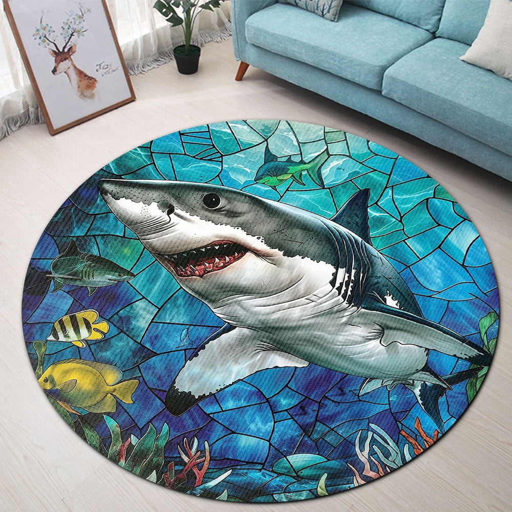 Circle Area Rug, Shark2 Washable Non-Slip Floor Carpet, Soft Rug for Living Room Bedroom Decor 59 Inch