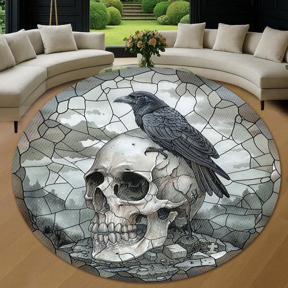Circle Area Rug, Skull Crow Cute Design Washable Non-Slip Floor Carpet, Soft Rug for Living Room Bedroom Decor 24 Inch