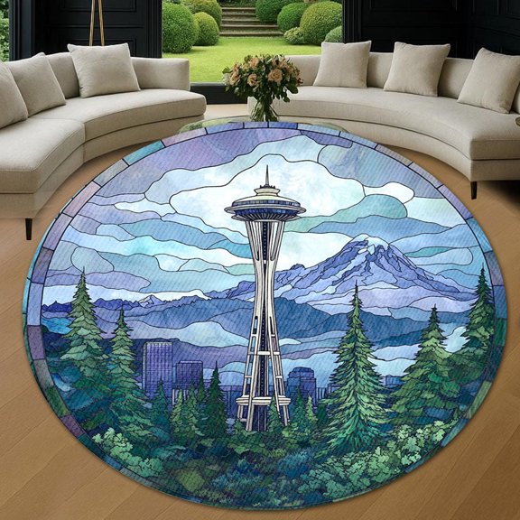 Circle Area Rug, Space Needle Seattle Washable Non-Slip Floor Carpet, Soft Rug for Living Room Bedroom Decor 24 Inch