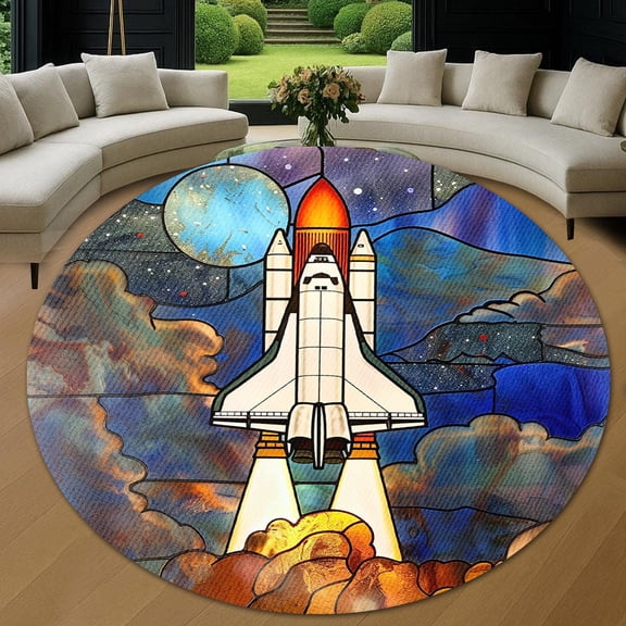 Circle Area Rug, Space Shuttle Washable Non-Slip Floor Carpet, Soft Rug for Living Room Bedroom Decor 24 Inch
