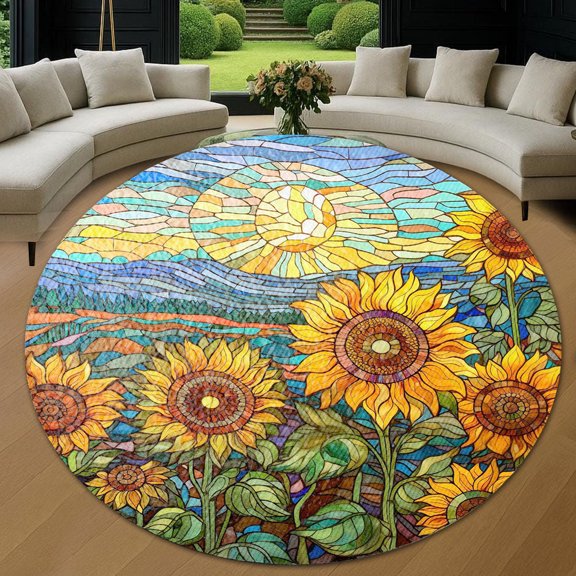 Circle Area Rug, Sunflower1 Washable Non-Slip Floor Carpet, Soft Rug for Living Room Bedroom Decor 24 Inch