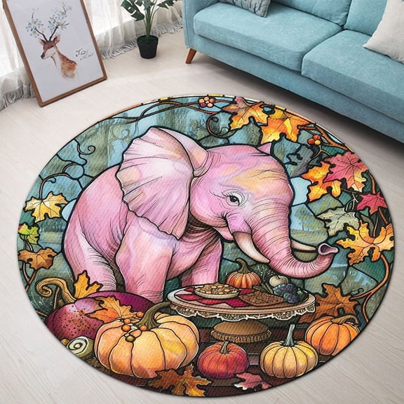 Circle Area Rug, Thanksgiving Pink Elephant 1 Washable Non-Slip Floor Carpet, Soft Rug for Living Room Bedroom Decor 24 Inch
