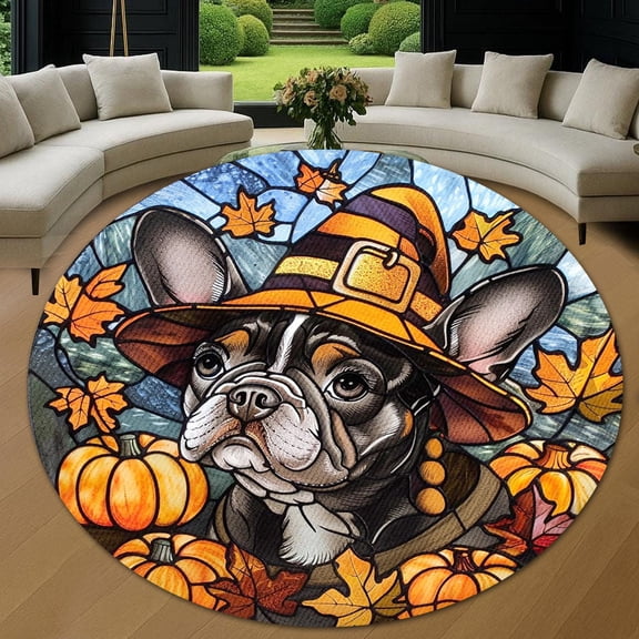 Circle Area Rug, Thanksgiving Pug 2 Washable Non-Slip Floor Carpet, Soft Rug for Living Room Bedroom Decor 24 Inch