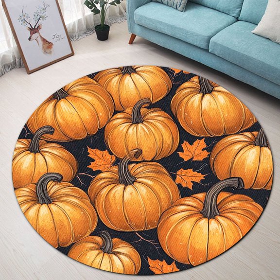 Circle Area Rug, Thanksgiving Pumpkins 3 Washable Non-Slip Floor Carpet, Soft Rug for Living Room Bedroom Decor 24 Inch