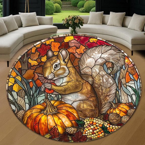 Circle Area Rug, Thanksgiving Squirrel 4 Washable Non-Slip Floor Carpet, Soft Rug for Living Room Bedroom Decor 24 Inch