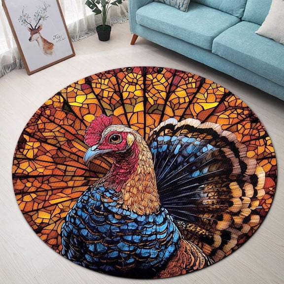 Circle Area Rug, Thanksgiving Turkey 3 Washable Non-Slip Floor Carpet, Soft Rug for Living Room Bedroom Decor 24 Inch