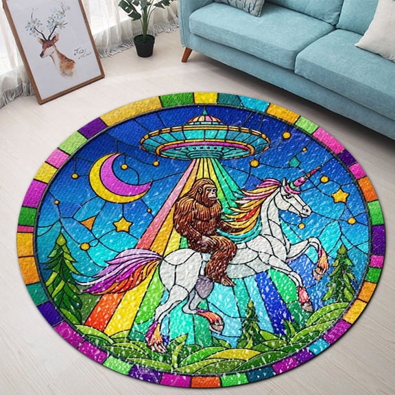 Circle Area Rug, Ufo Abduction Bigfoot1 Washable Non-Slip Floor Carpet, Soft Rug for Living Room Bedroom Decor 24 Inch