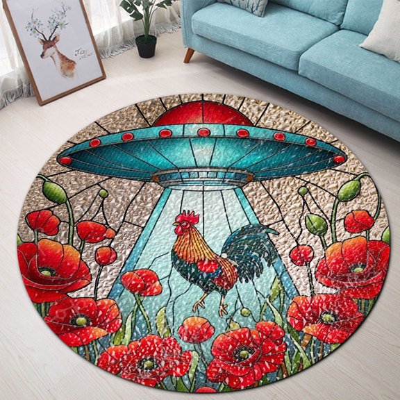 Circle Area Rug, Ufo Abduction Rooster Washable Non-Slip Floor Carpet, Soft Rug for Living Room Bedroom Decor 24 Inch