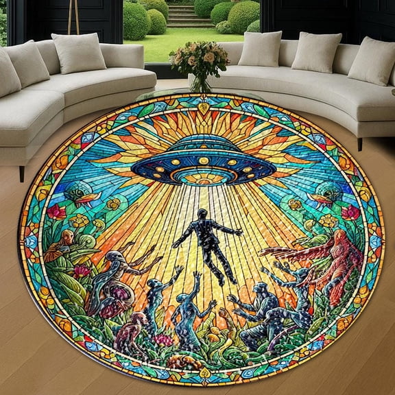 Circle Area Rug, Ufo Alien Ufo Washable Non-Slip Floor Carpet, Soft Rug for Living Room Bedroom Decor 24 Inch