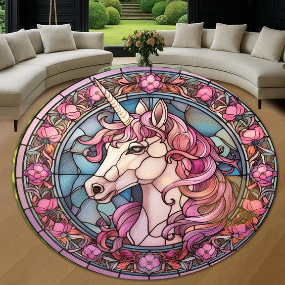 Circle Area Rug, Unicorn Washable Non-Slip Floor Carpet, Soft Rug for Living Room Bedroom Decor 31 Inch