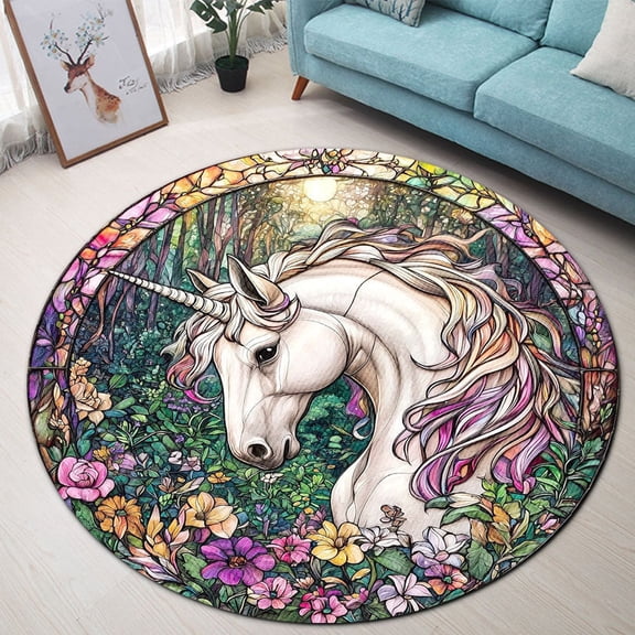 Circle Area Rug, Unicorn1 Washable Non-Slip Floor Carpet, Soft Rug for Living Room Bedroom Decor 24 Inch
