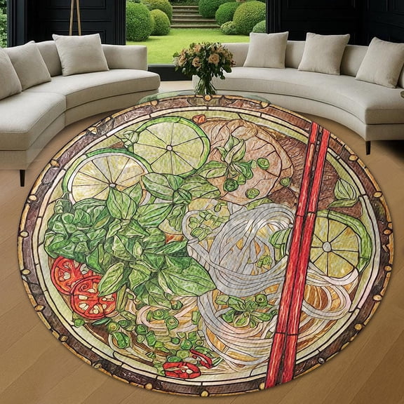 Circle Area Rug, Vietnamese Pho Washable Non-Slip Floor Carpet, Soft Rug for Living Room Bedroom Decor 24 Inch