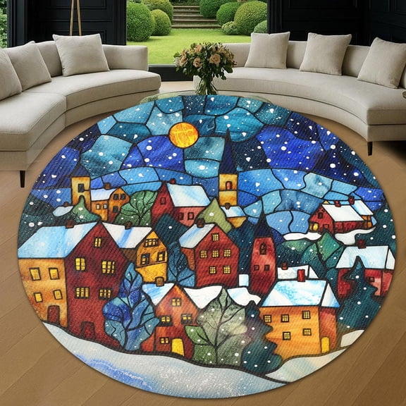 Circle Area Rug, Village Washable Non-Slip Floor Carpet, Soft Rug for Living Room Bedroom Decor 24 Inch