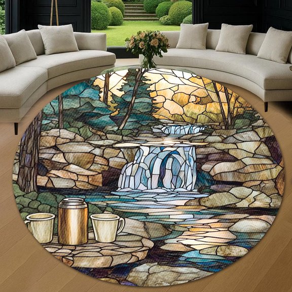 Circle Area Rug, Waterfall Thermos 3 Washable Non-Slip Floor Carpet, Soft Rug for Living Room Bedroom Decor 24 Inch