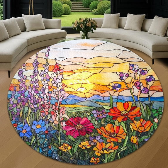 Circle Area Rug, Wildflowers2 Washable Non-Slip Floor Carpet, Soft Rug for Living Room Bedroom Decor 71 Inch