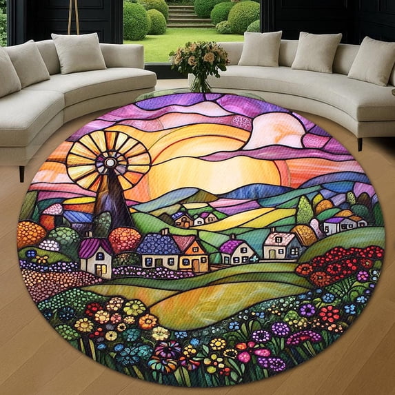 Circle Area Rug, Windmill Cute Design Washable Non-Slip Floor Carpet, Soft Rug for Living Room Bedroom Decor 31 Inch