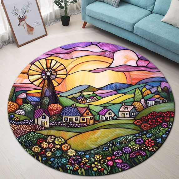 Circle Area Rug, Windmill Washable Non-Slip Floor Carpet, Soft Rug for ...