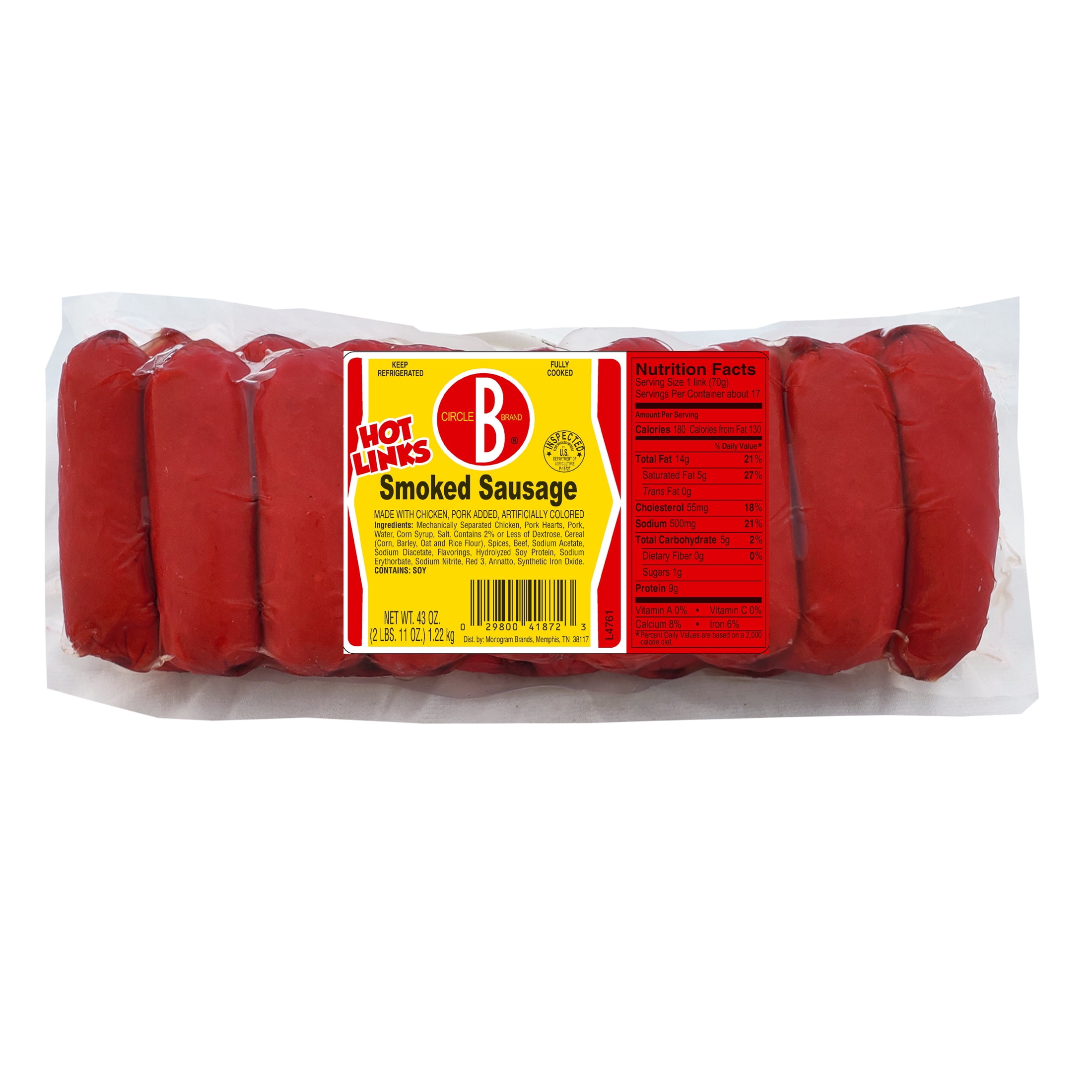 Circle B Hot Links Smoked Sausages, 43 oz Refrigerated Plastic Wrapped