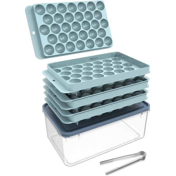 Circle Ball Ice Trays for Freezer with Lid & Bin, Sphere Ice Cube Mold Making 99 x 1.0IN Small Round Ice Cubes(Updated Blue Ice Trays, 1 Ice Bucket & Tongs)