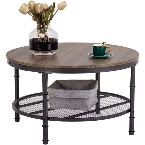 Circle Coffee Table, 31.5" Small Round Coffee Table Industrial Coffee Table Round Farmhouse Coffee Table in 2-Tier, Coffee Table with Storage Wire Coffee Table Lobby Coffee Table, Rustic