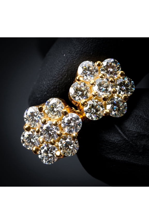 Large Flower Cluster 14k Yellow Gold Plated 925 Sterling Silver Screw Back Post Hip Hop Circle Earrings