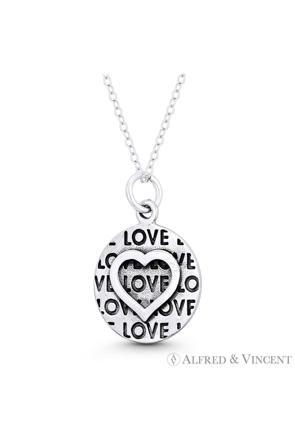 Circle Disc, Heart, & Love Engraving Charm Pendant in Oxidized .925 Sterling Silver