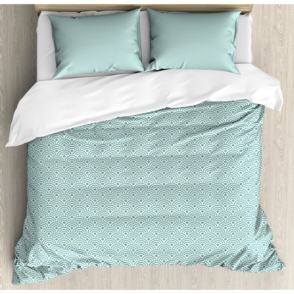Circle Duvet Cover Set, Eastern Style Compact Design Ocean Inspired Wavy Lines and Polka Dots Aquatic, Decorative 3 Piece Bedding Set with 2 Pillow Shams, Queen Size, Sky Blue White, by Ambesonne